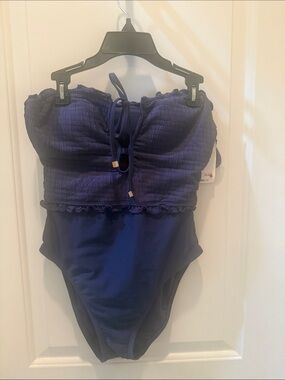 bar III Navy One-Piece Swimsuit with Smocked Bodice